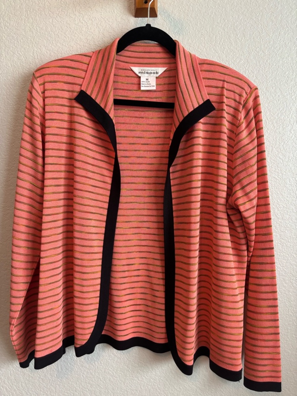 Misook Coral Striped Open Cardigan with Olive and Black Accents